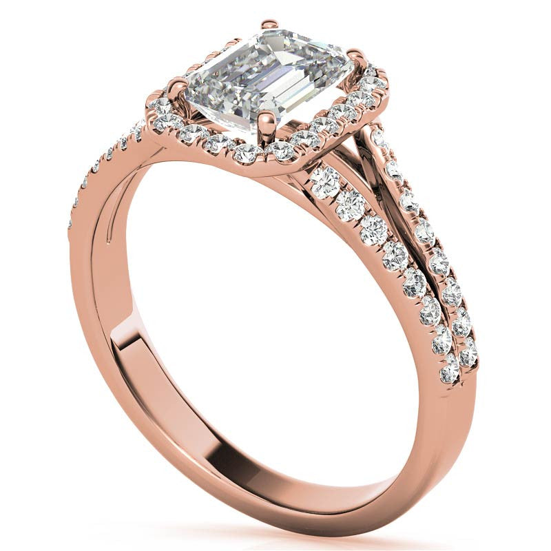 Emerald / Radiant Split Shank Halo Moissanite Engagement Ring