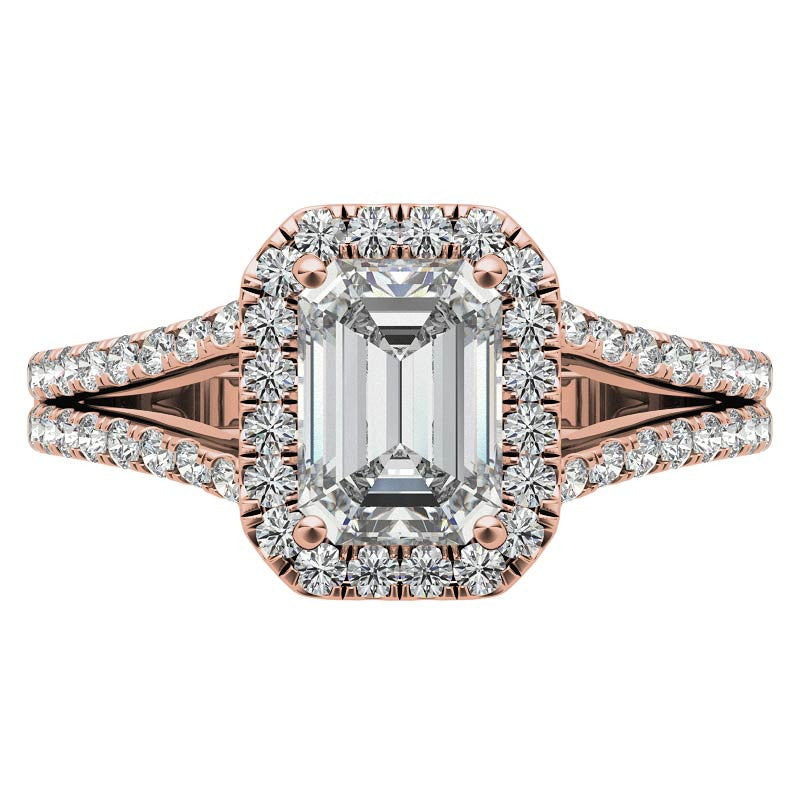 Emerald / Radiant Split Shank Halo Moissanite Engagement Ring