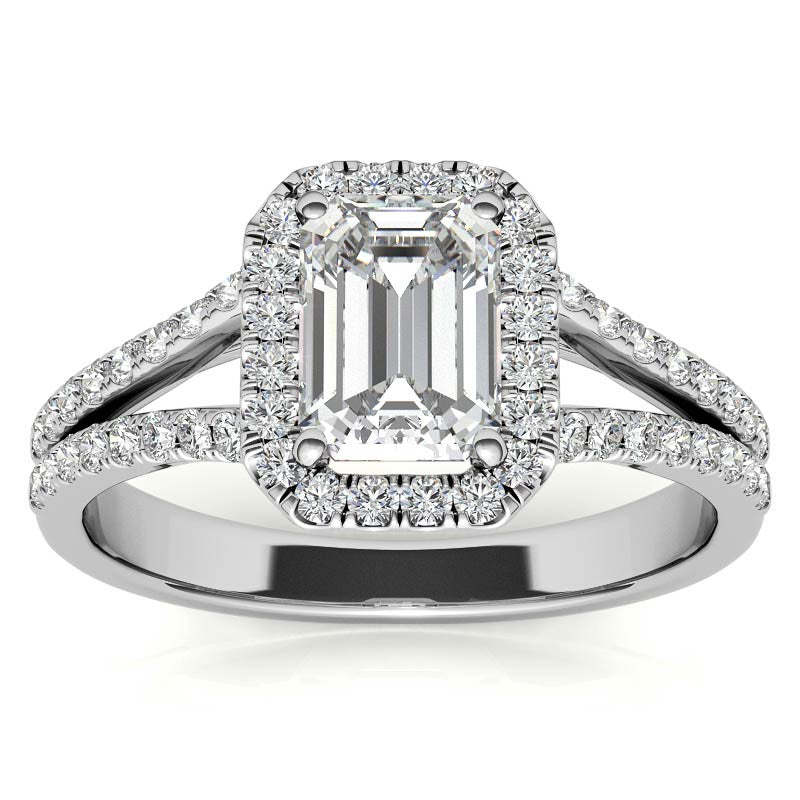 Emerald / Radiant Split Shank Halo Moissanite Engagement Ring