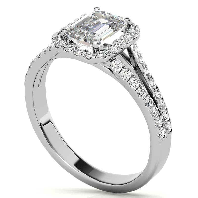 Emerald / Radiant Split Shank Halo Moissanite Engagement Ring