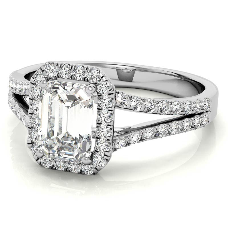 Emerald / Radiant Split Shank Halo Moissanite Engagement Ring