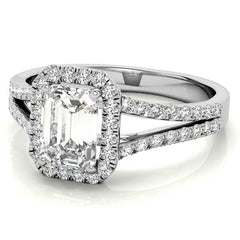 Emerald / Radiant Split Shank Halo Moissanite Engagement Ring