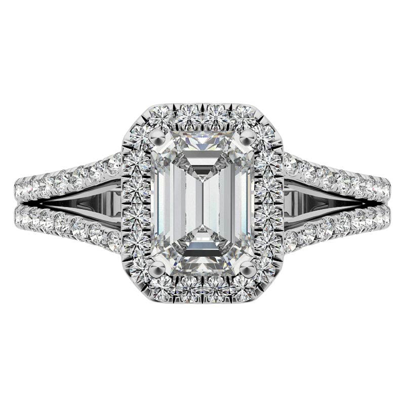 Emerald / Radiant Split Shank Halo Moissanite Engagement Ring