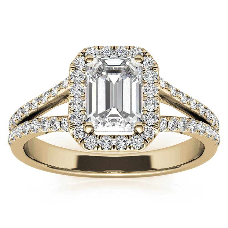 Emerald / Radiant Split Shank Halo Moissanite Engagement Ring