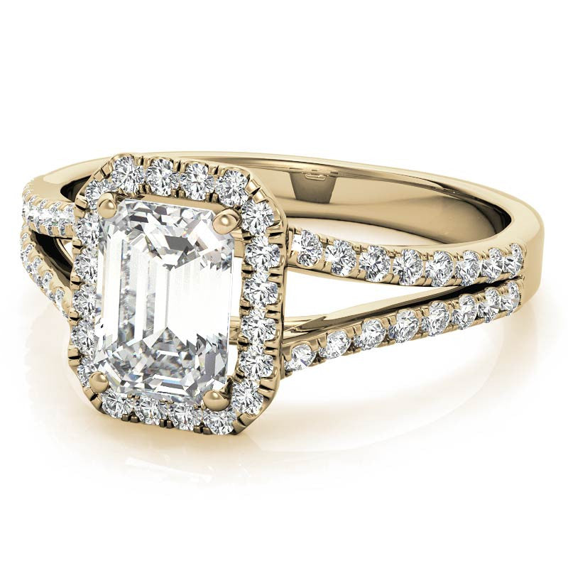 Emerald / Radiant Split Shank Halo Moissanite Engagement Ring