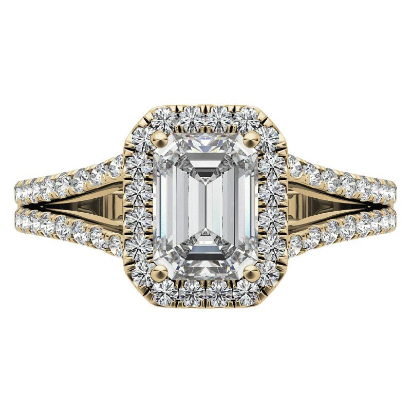 Emerald / Radiant Split Shank Halo Moissanite Engagement Ring