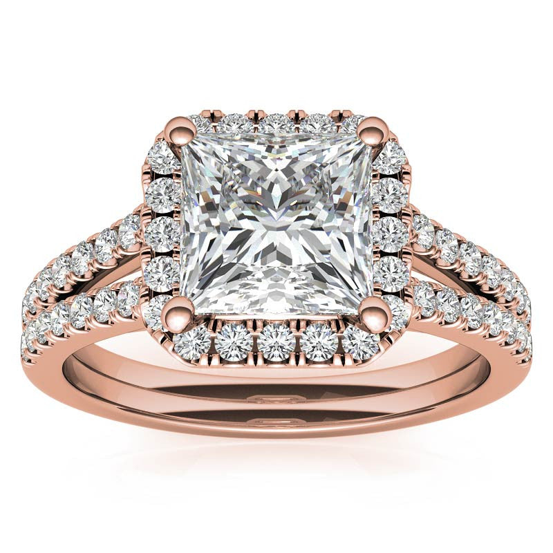 Princess Split Shank Halo Moissanite Engagement Ring