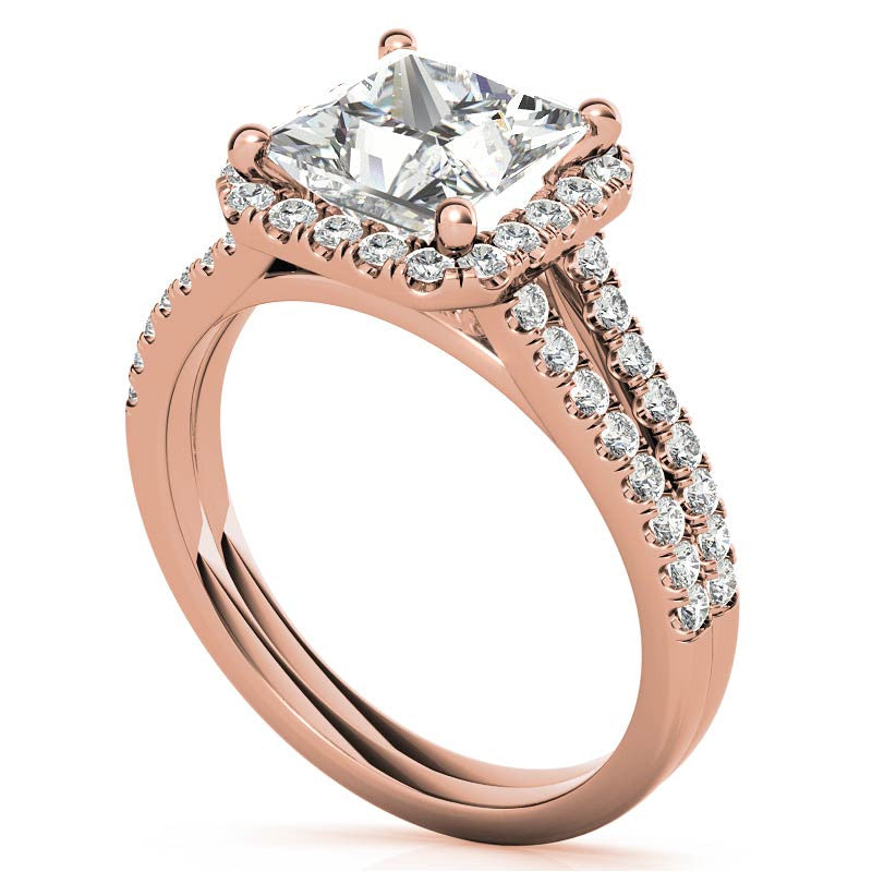 Princess Split Shank Halo Moissanite Engagement Ring