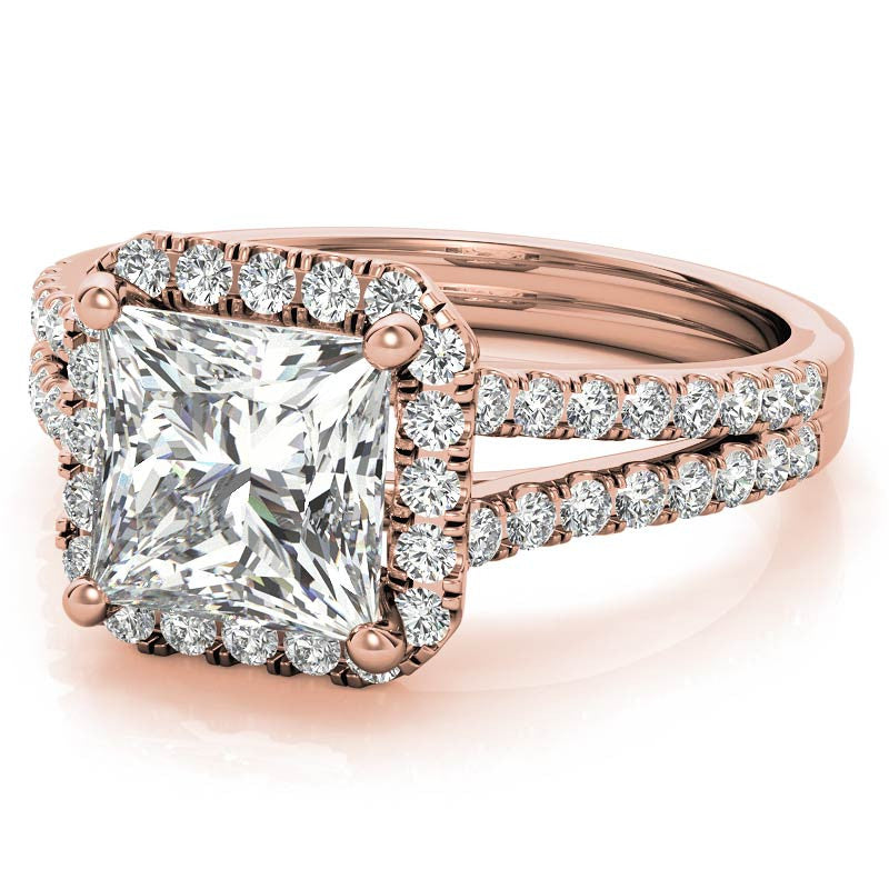 Princess Split Shank Halo Moissanite Engagement Ring