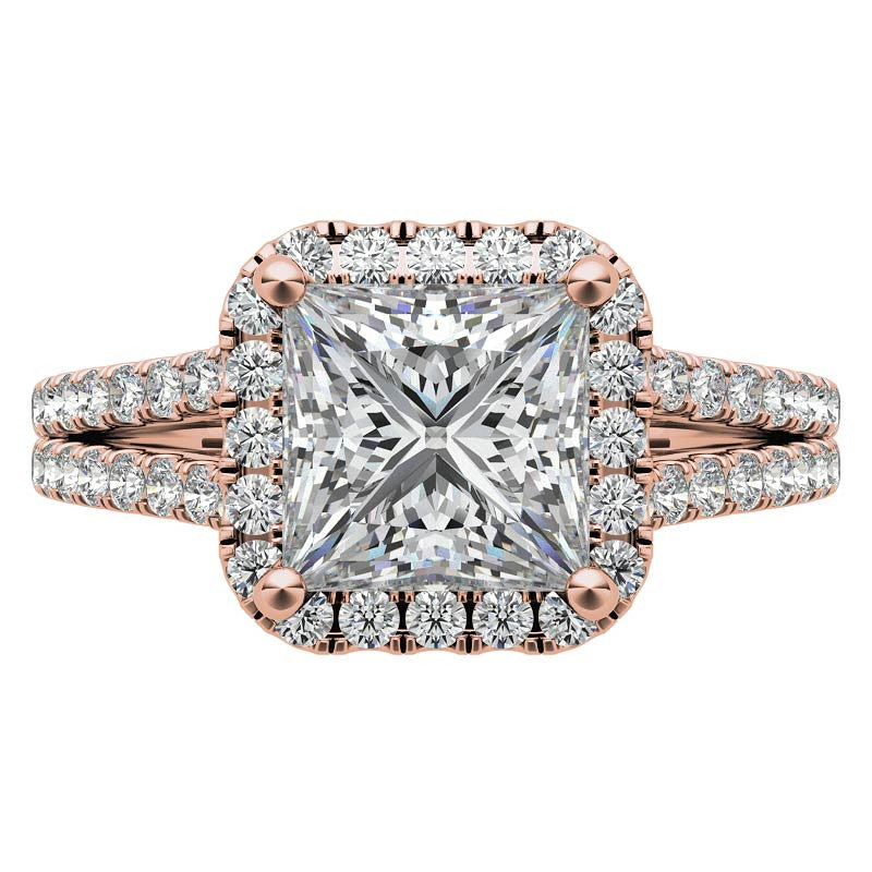 Princess Split Shank Halo Moissanite Engagement Ring