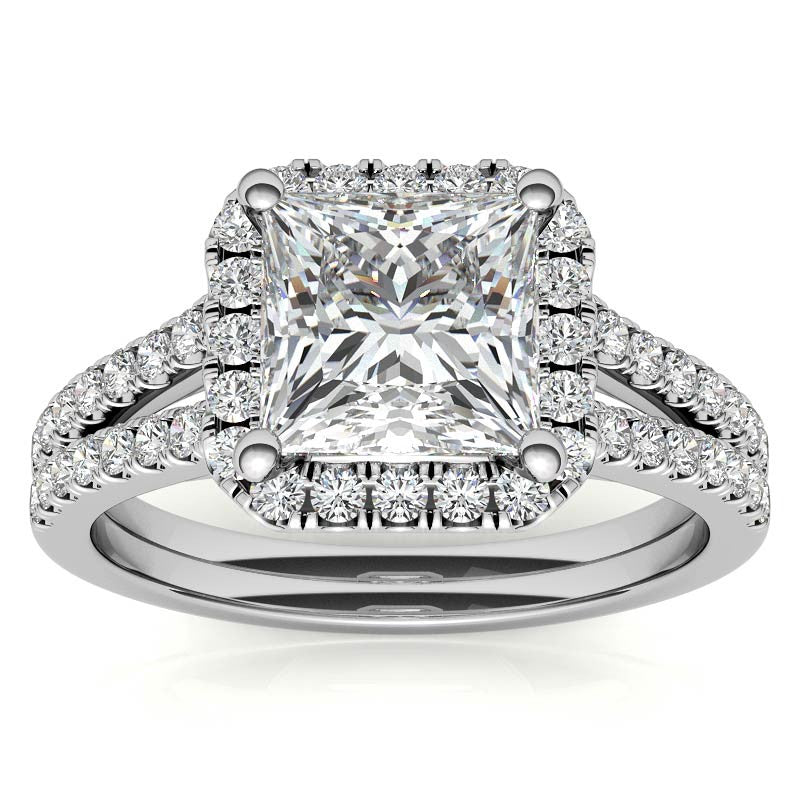 Princess Split Shank Halo Moissanite Engagement Ring