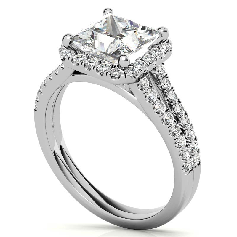 Princess Split Shank Halo Moissanite Engagement Ring