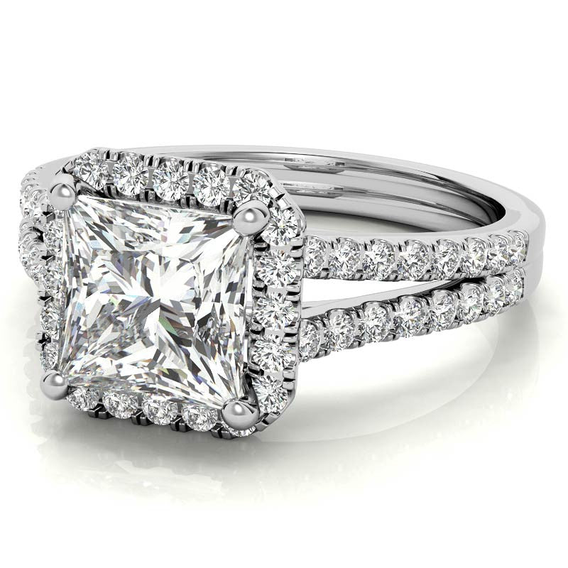 Princess Split Shank Halo Moissanite Engagement Ring