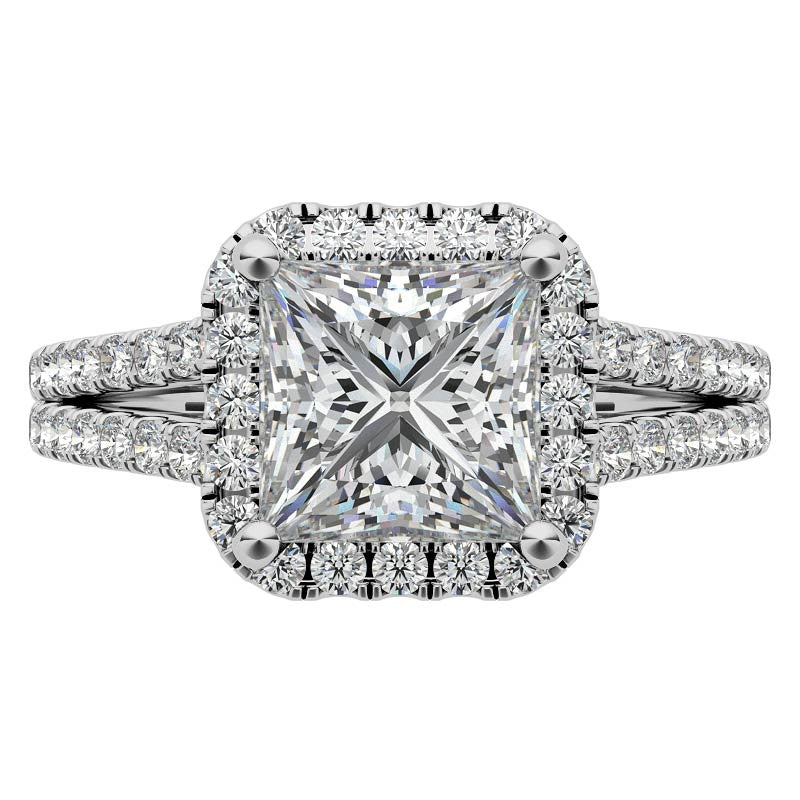 Princess Split Shank Halo Moissanite Engagement Ring