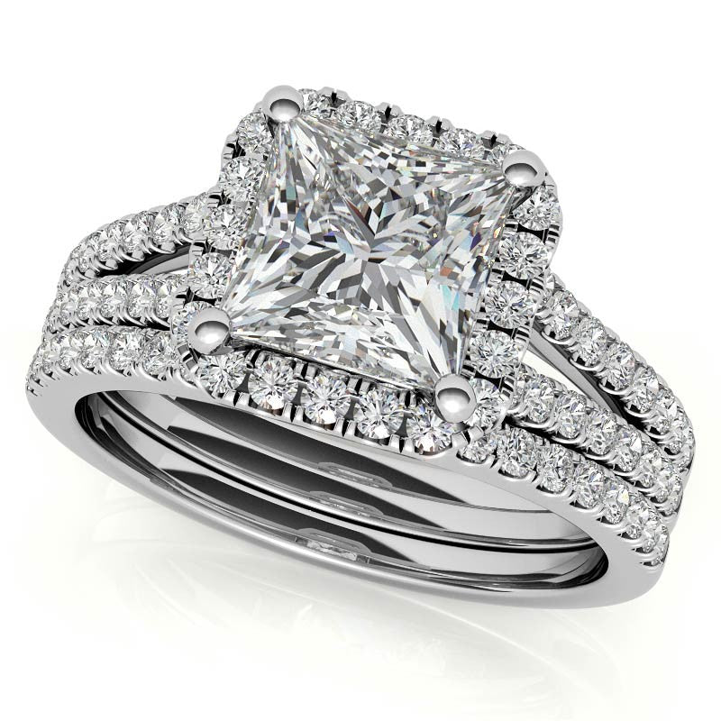 Princess Split Shank Halo Moissanite Engagement Ring