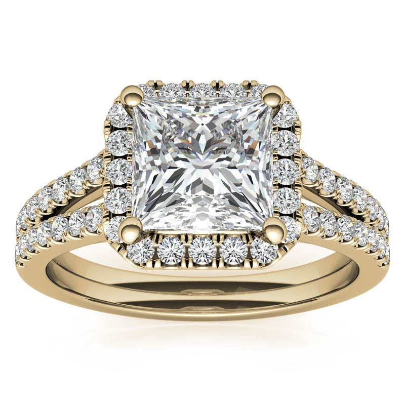 Princess Split Shank Halo Moissanite Engagement Ring