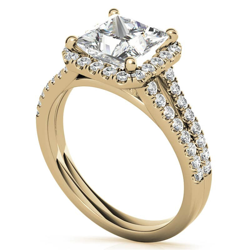 Princess Split Shank Halo Moissanite Engagement Ring