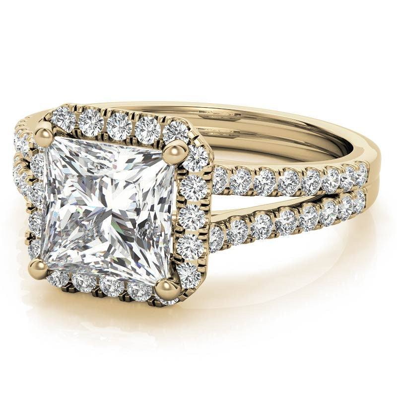 Princess Split Shank Halo Moissanite Engagement Ring