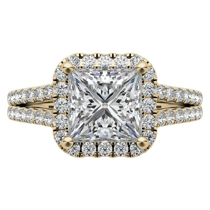 Princess Split Shank Halo Moissanite Engagement Ring