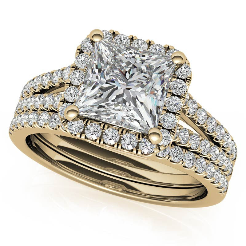 Princess Split Shank Halo Moissanite Engagement Ring