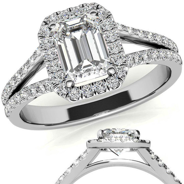 Emerald / Radiant Split Shank Halo Moissanite Engagement Ring