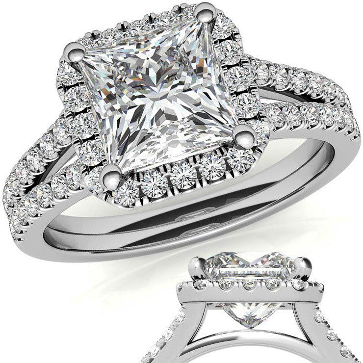 Princess Split Shank Halo Moissanite Engagement Ring