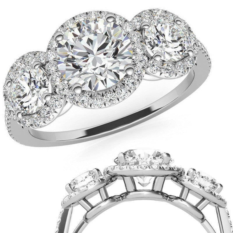 Round Three-Stone Halo Moissanite Engagement Ring
