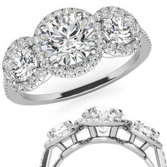 Round Three-Stone Halo Moissanite Engagement Ring