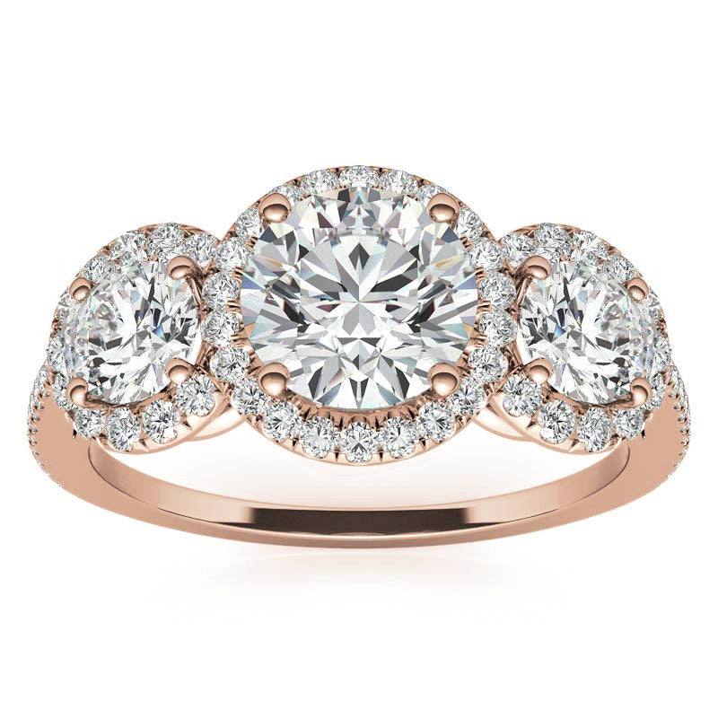 Round Three-Stone Halo Moissanite Engagement Ring