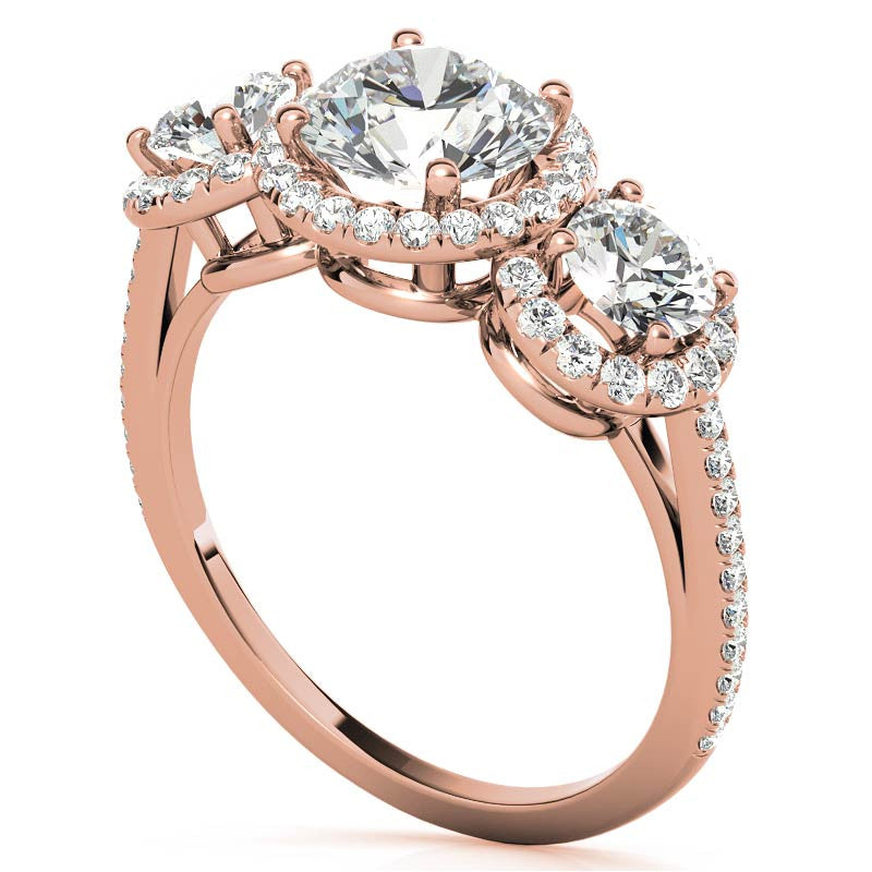 Round Three-Stone Halo Moissanite Engagement Ring