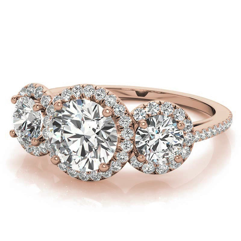 Round Three-Stone Halo Moissanite Engagement Ring