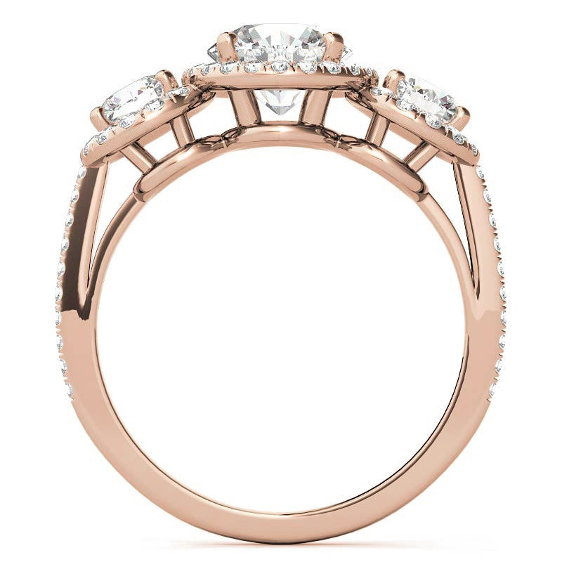 Round Three-Stone Halo Moissanite Engagement Ring