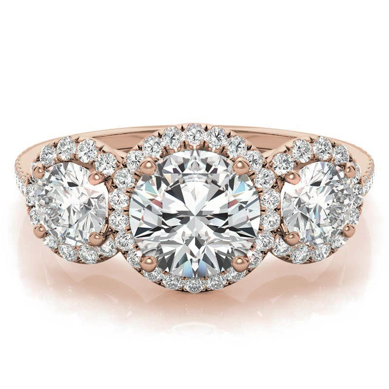 Round Three-Stone Halo Moissanite Engagement Ring