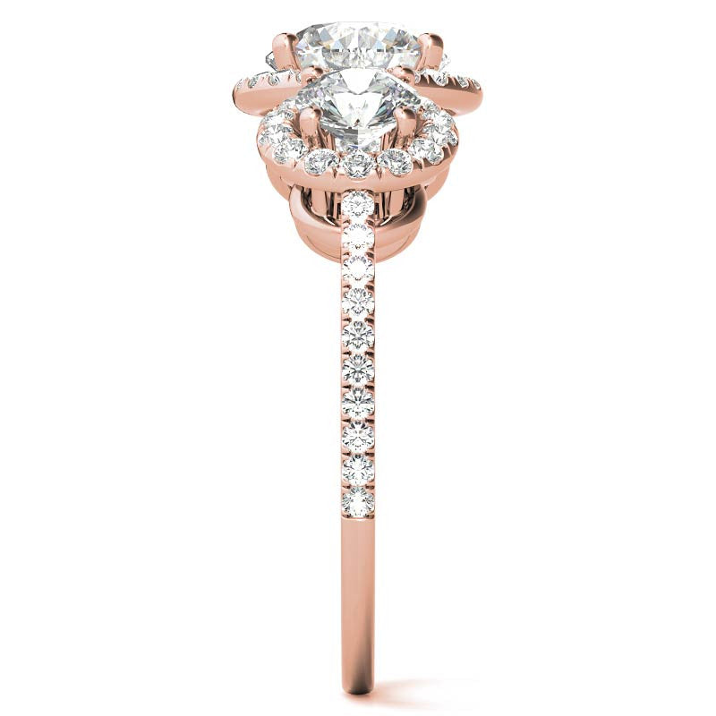 Round Three-Stone Halo Moissanite Engagement Ring