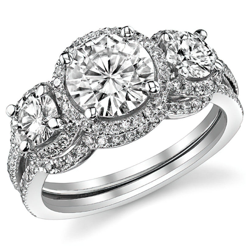 Round Three-Stone Halo Moissanite Engagement Ring