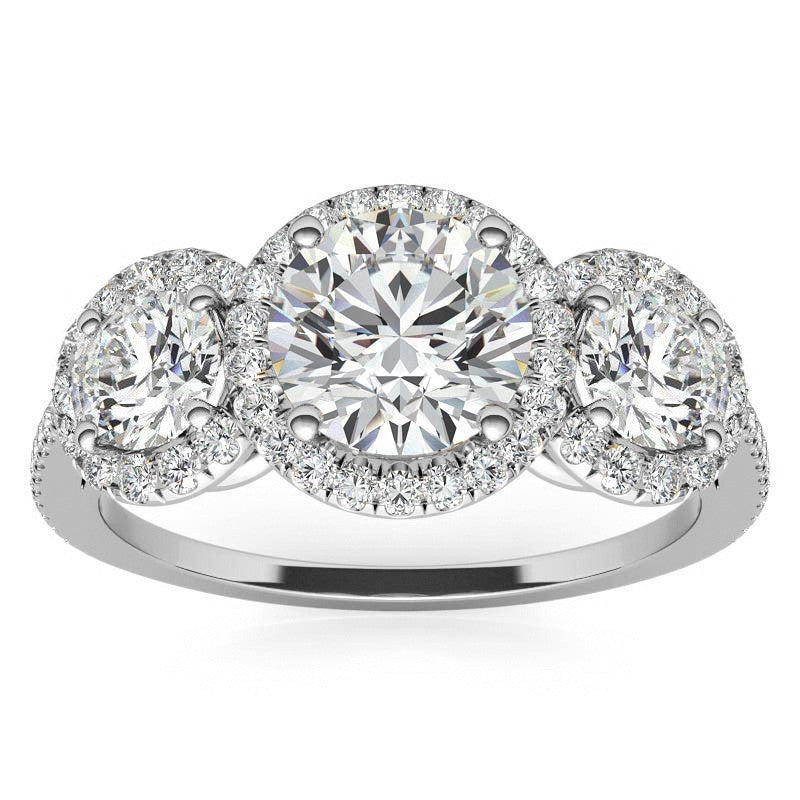 Round Three-Stone Halo Moissanite Engagement Ring