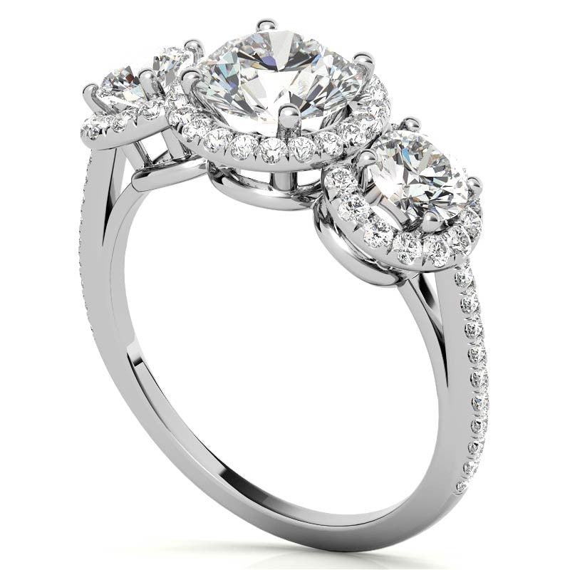 Round Three-Stone Halo Moissanite Engagement Ring