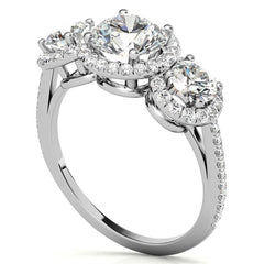 Round Three-Stone Halo Moissanite Engagement Ring