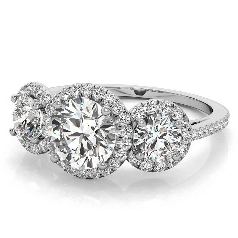 Round Three-Stone Halo Moissanite Engagement Ring