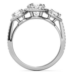 Round Three-Stone Halo Moissanite Engagement Ring