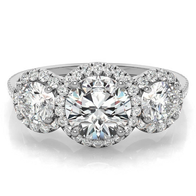Round Three-Stone Halo Moissanite Engagement Ring