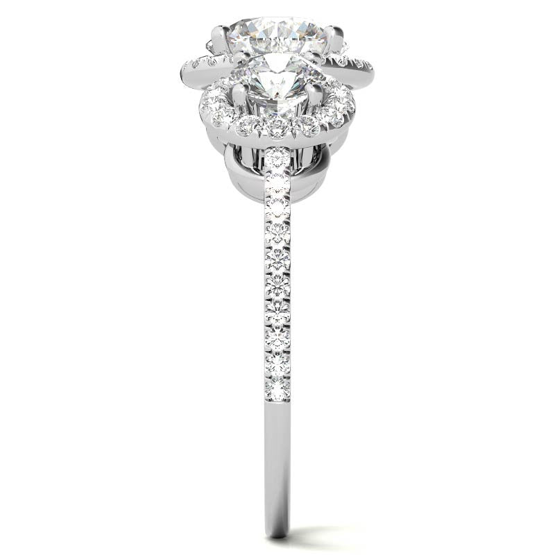 Round Three-Stone Halo Moissanite Engagement Ring