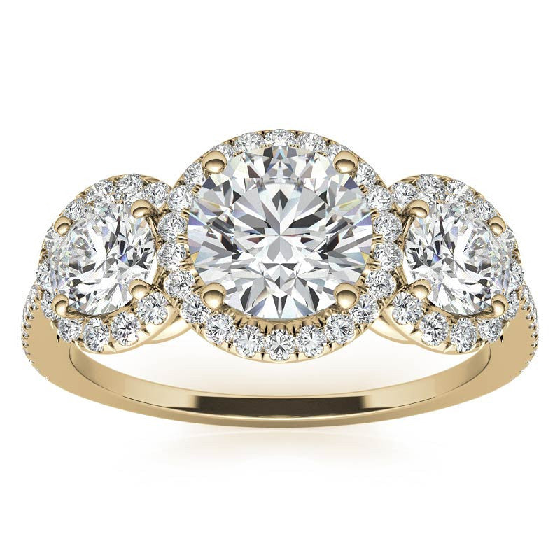 Round Three-Stone Halo Moissanite Engagement Ring
