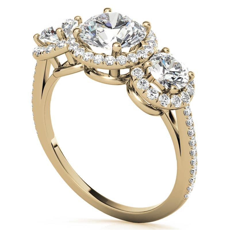 Round Three-Stone Halo Moissanite Engagement Ring