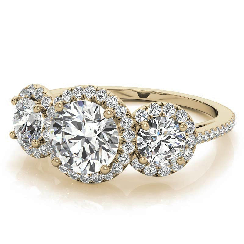Round Three-Stone Halo Moissanite Engagement Ring