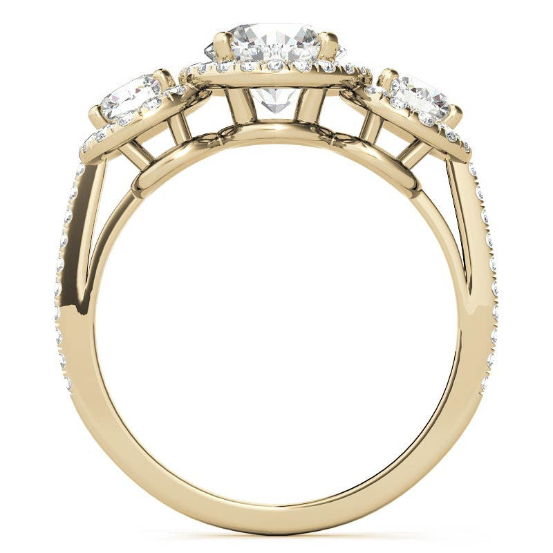 Round Three-Stone Halo Moissanite Engagement Ring