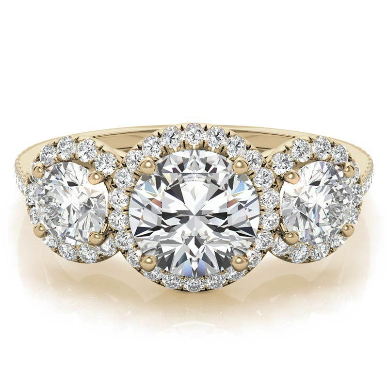 Round Three-Stone Halo Moissanite Engagement Ring