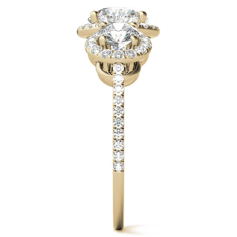 Round Three-Stone Halo Moissanite Engagement Ring