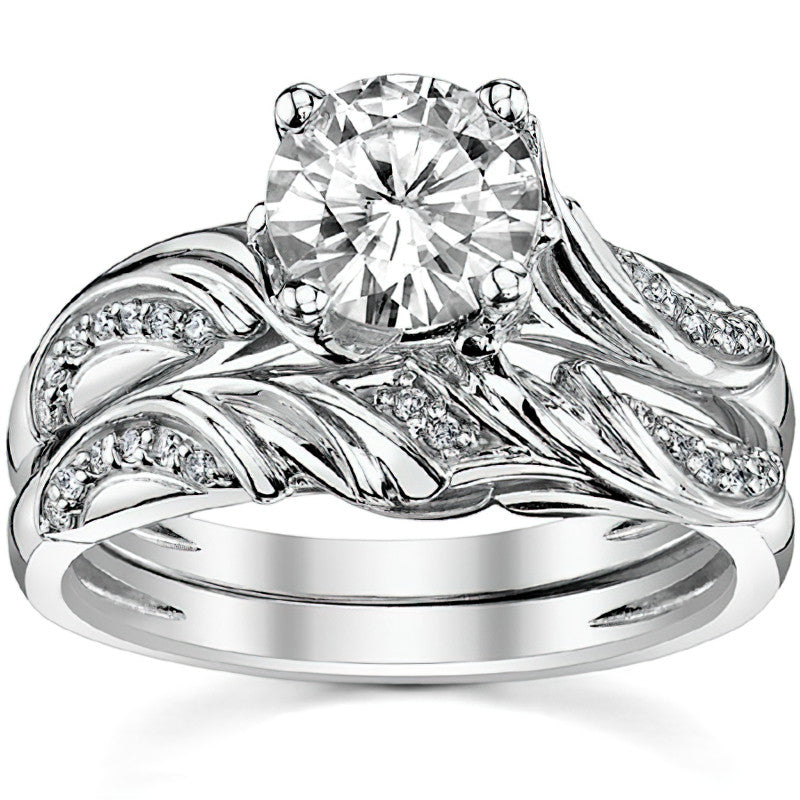 Round Floral Accent Moissanite Engagement Ring