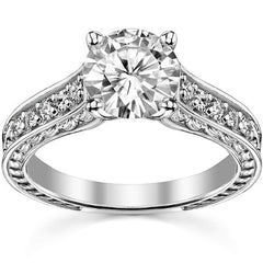 Round Rose & Leaf Design Moissanite Engagement Ring